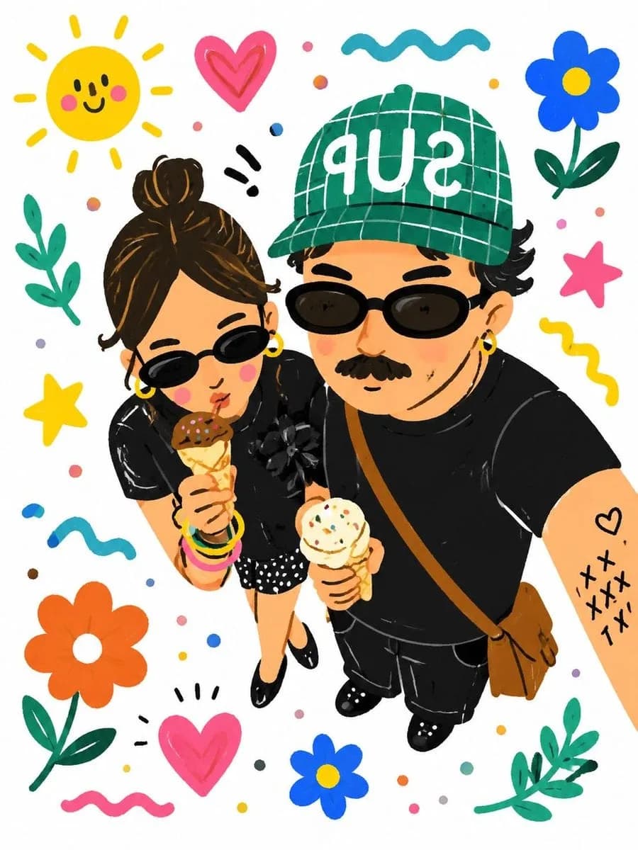 Playful Hand-Drawn Cartoon Couple Illustration